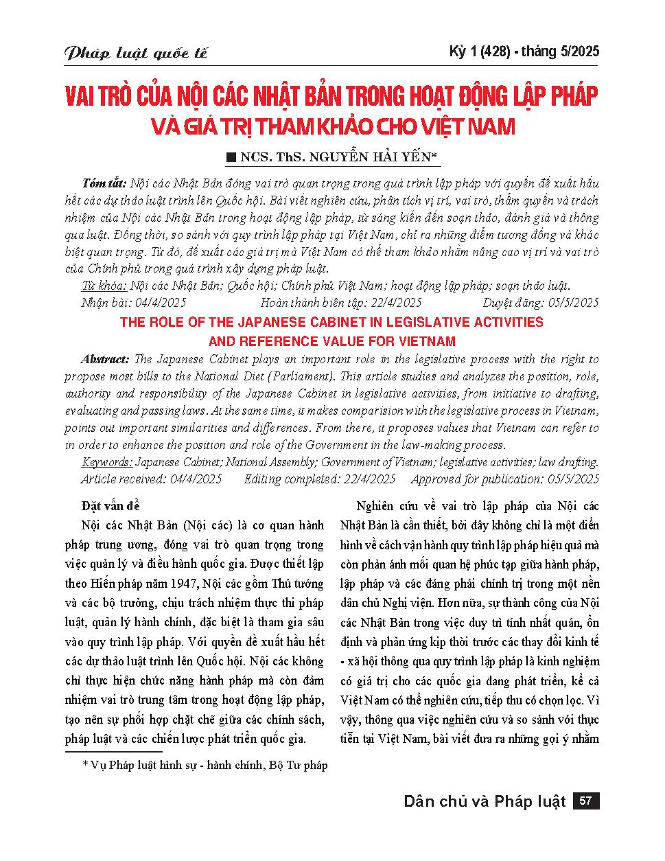 Vai trò của Nội các Nhật Bản trong hoạt động lập pháp và giá trị tham khảo cho Việt Nam