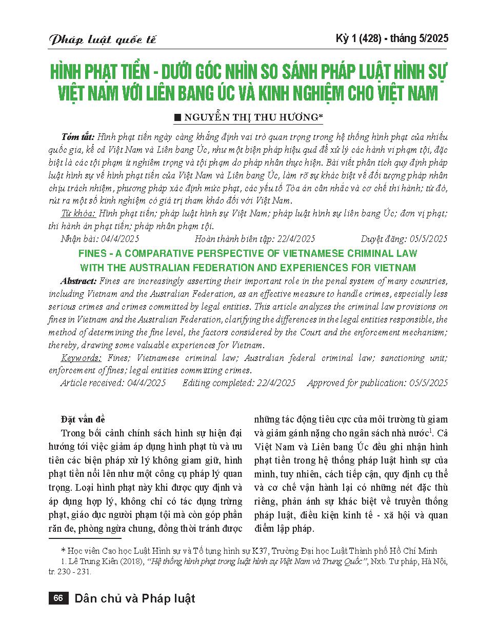 Hình phạt tiền - dưới góc nhìn so sánh pháp luật hình sự Việt Nam với Liên Bang Úc và kinh nghiệm cho Việt Nam