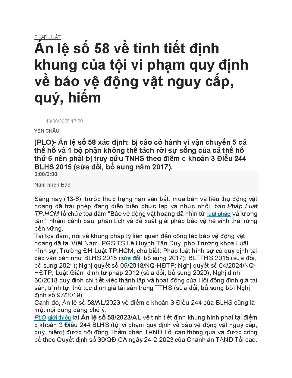 Án lệ số 58 về tình tiết định khung của tội vi phạm quy định về bảo vệ động vật nguy cấp, quý, hiếm