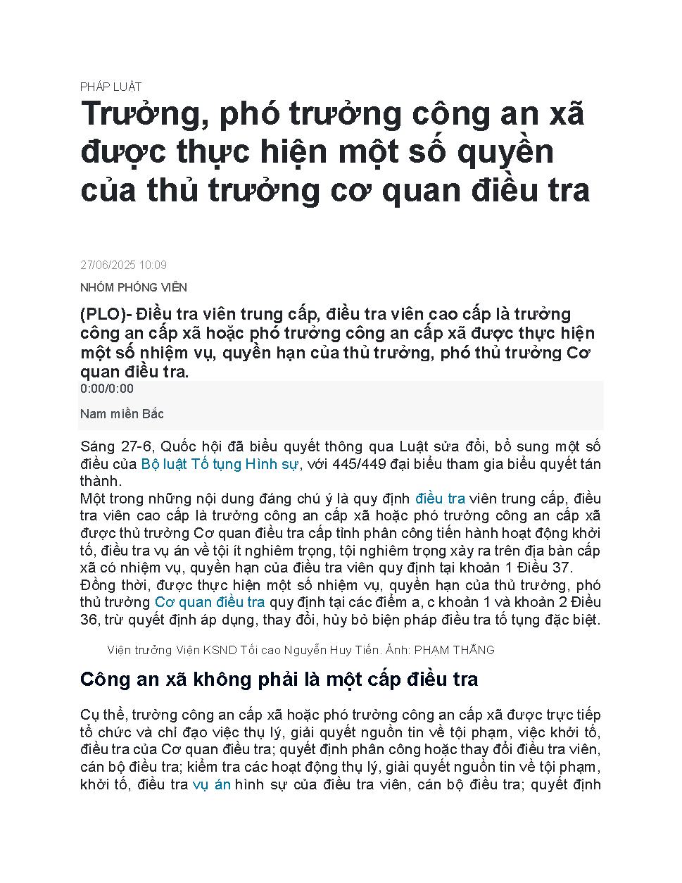 Trưởng, phó trưởng công an xã được thực hiện một số quyền của thủ trưởng cơ quan điều tra