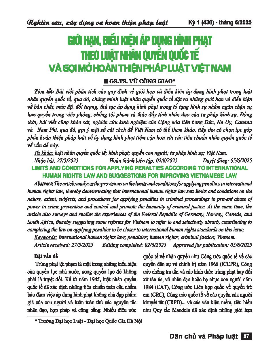 Giới hạn, điều kiện áp dụng hình phạt theo luật nhân quyền quốc tế và gợi mở hoàn thiện pháp luật Việt Nam