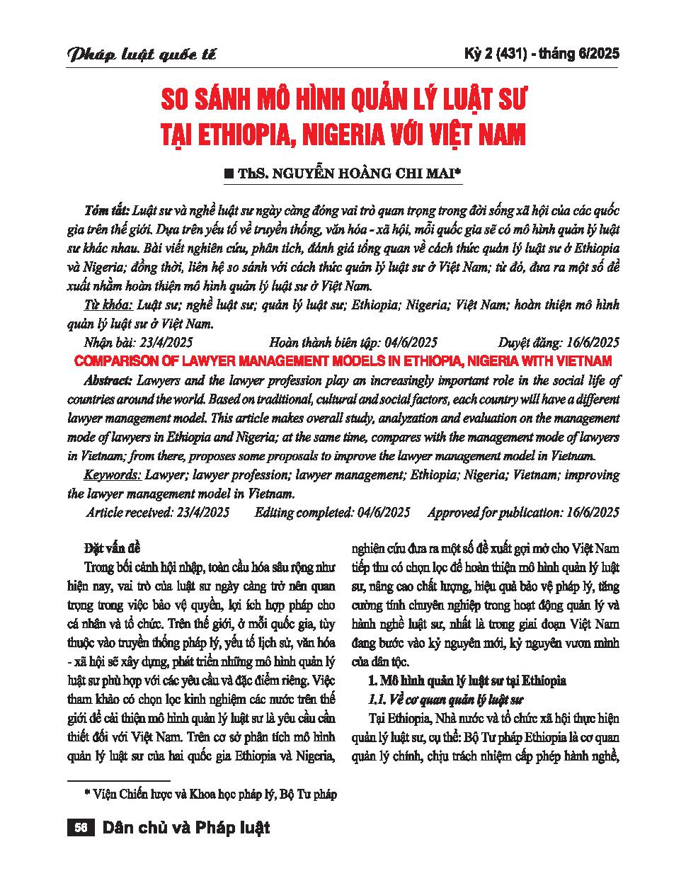 So sánh mô hình quản lý luật sư tại Ethiopia, Nigeria với Việt Nam