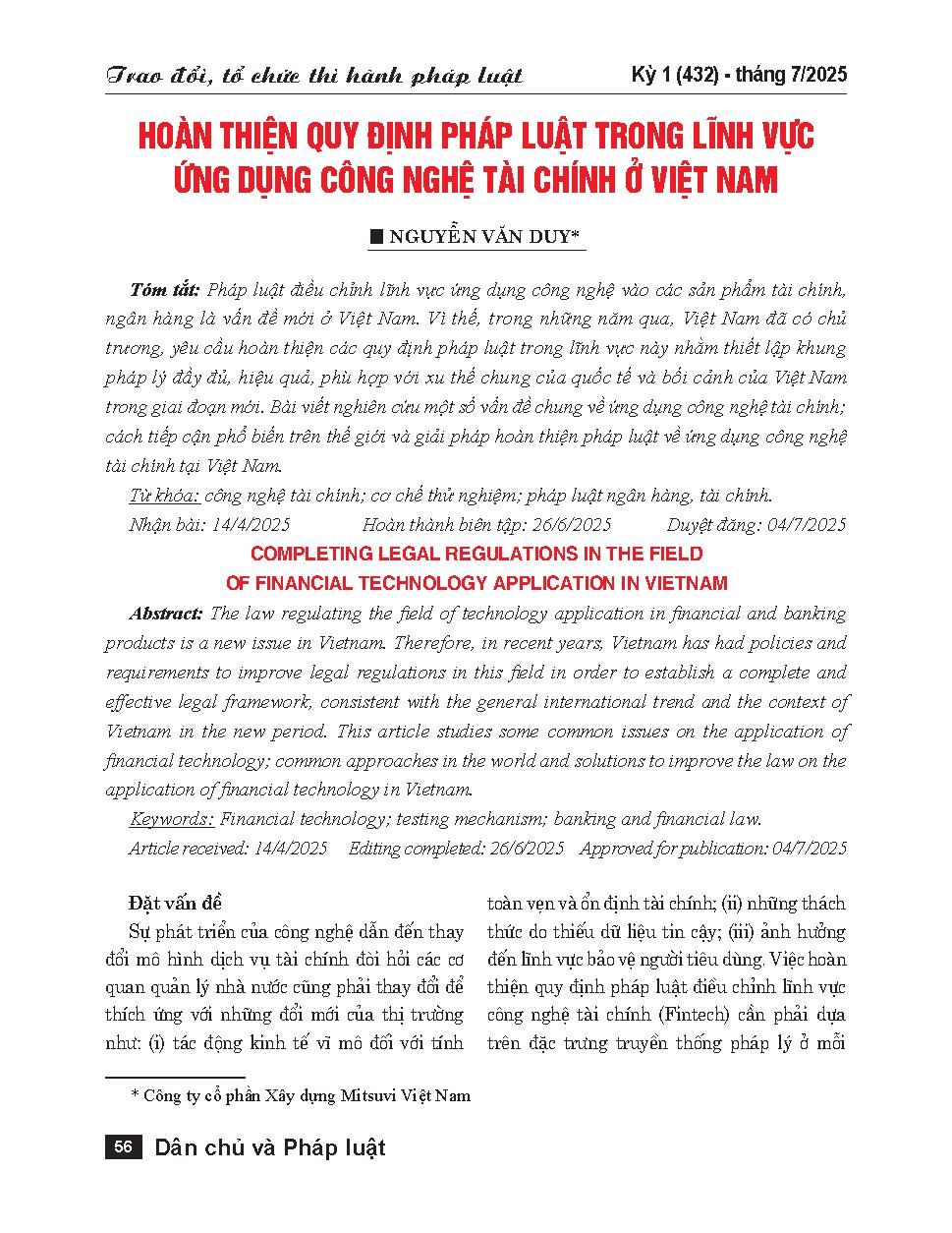 Hoàn thiện quy định pháp luật trong lĩnh vực ứng dụng công nghệ tài chính ở Việt Nam