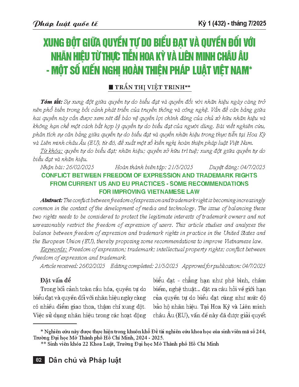 Xung đột giữa quyền tự do biểu đạt và quyền đối với nhãn hiệu từ thực tiễn Hoa Kỳ và Liên minh châu Âu - Một số kiến nghị hoàn thiện pháp luật Việt Nam