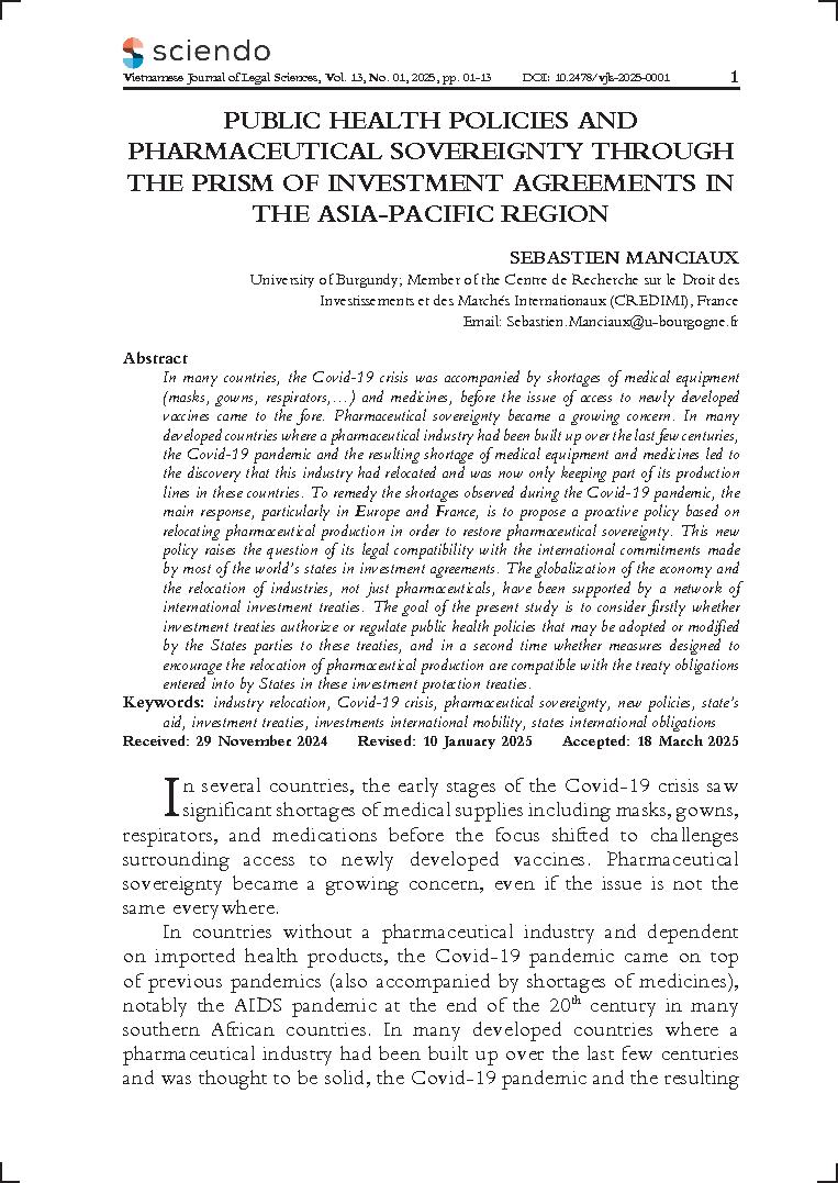 Public health policies and pharmaceutical sovereignty through the prism of investment agreements in the Asia-Pacific region