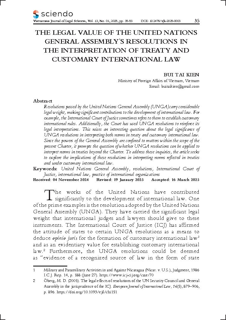 The legal value of the United Nations General Assembly’s resolutions in the interpretation of treaty and customary international law