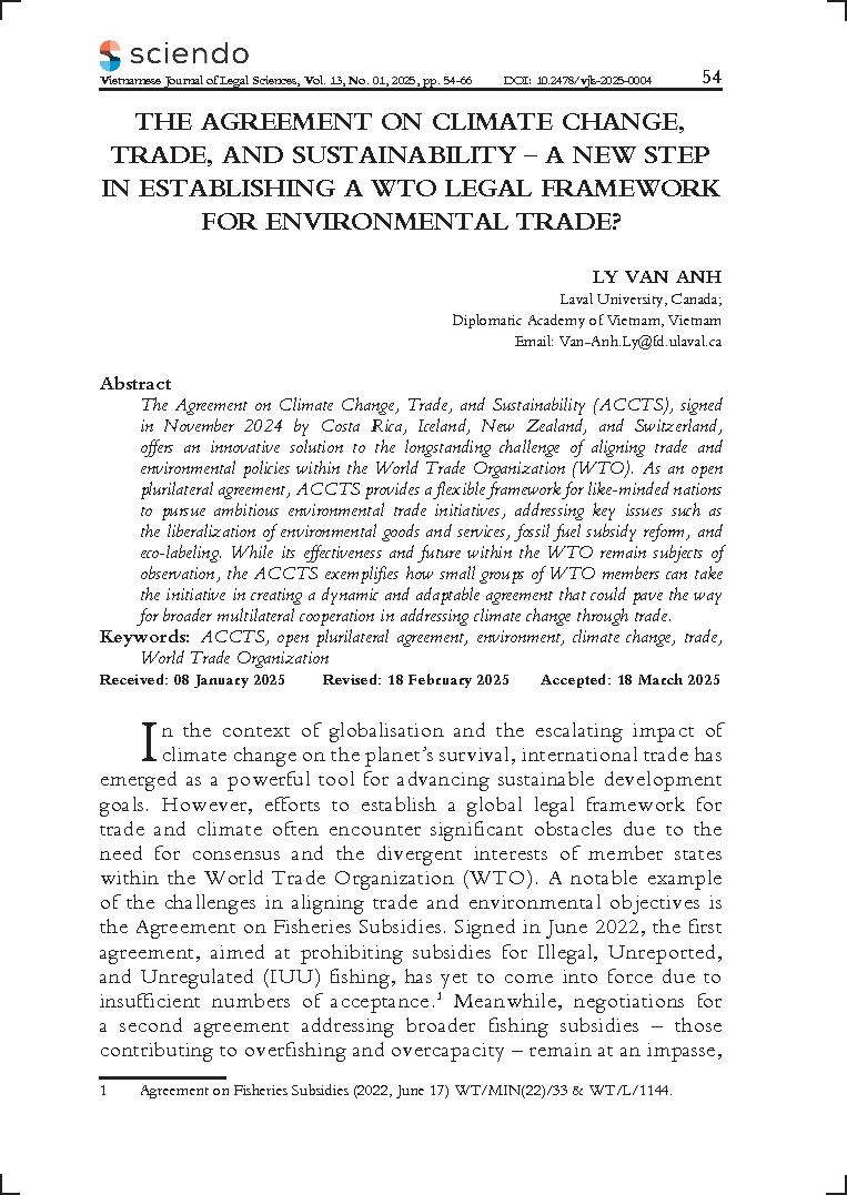 The agreement on climate change, trade, and sustainability development – A new step in establishing a WTO legal framework for environmental trade?