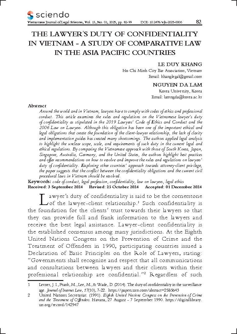 The lawyer’s duty of confidentiality in Vietnam - A study of comparative law in the Asia-Pacific countries