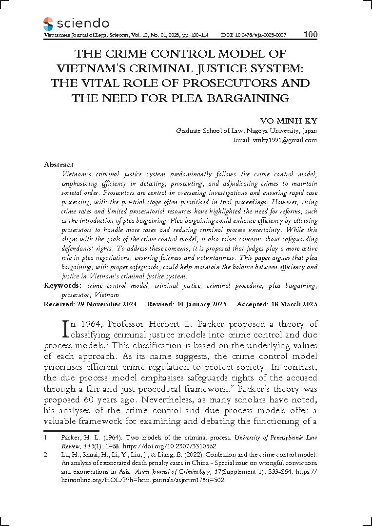 The crime control model of Vietnam’s criminal justice system: The vital role of prosecutors and the need for plea bargaining