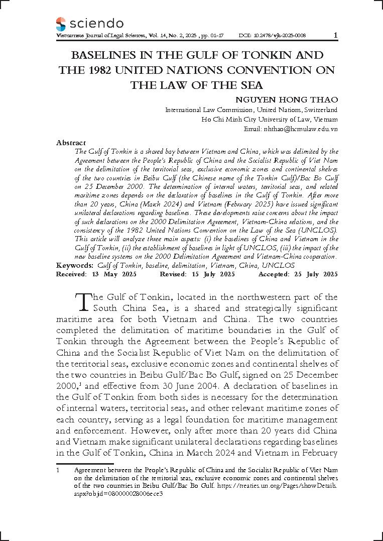 Baselines in the Gulf of Tonkin and the 1982 United Nations Convention on