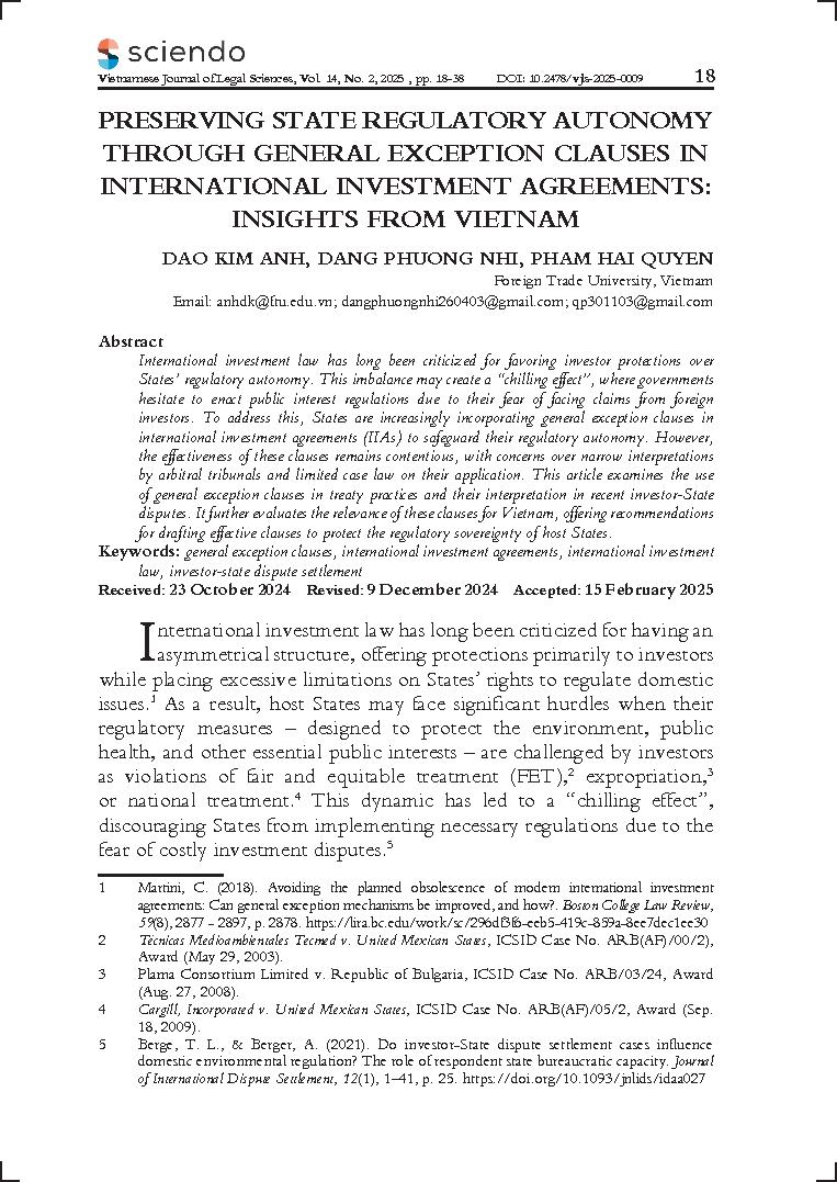 Preserving State regulatory autonomy through general exception clauses in international investment agreements: Insights from Vietnam