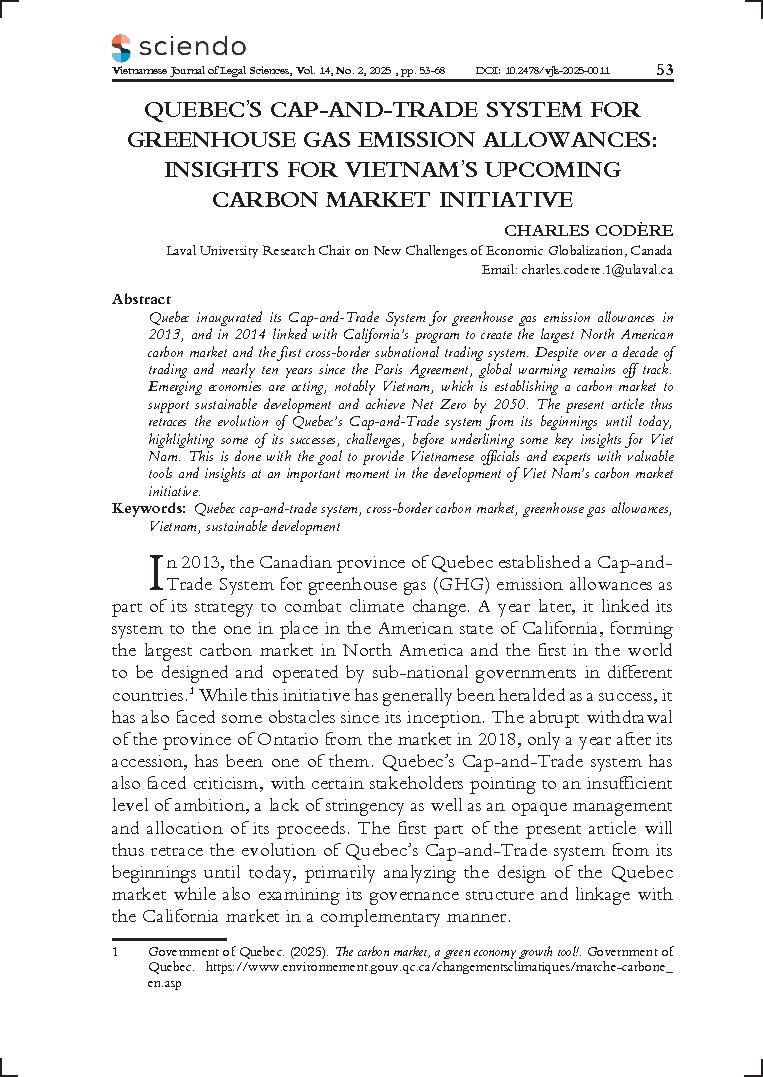 Quebec’s cap-and-trade system for greenhouse gas emission allowances: Insights for Vietnam’s upcoming carbon market initiative