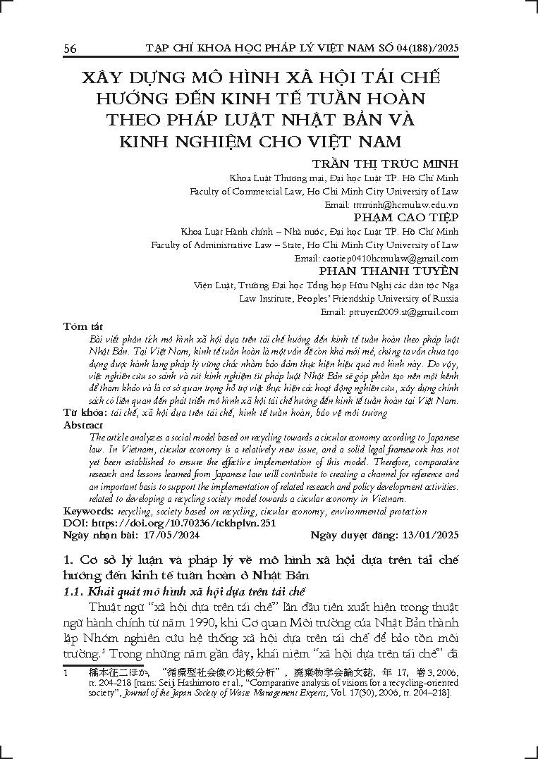 Xây dựng mô hình xã hội tái chế hướng đến kinh tế tuần hoàn theo pháp luật Nhật Bản và kinh nghiệm cho Việt Nam