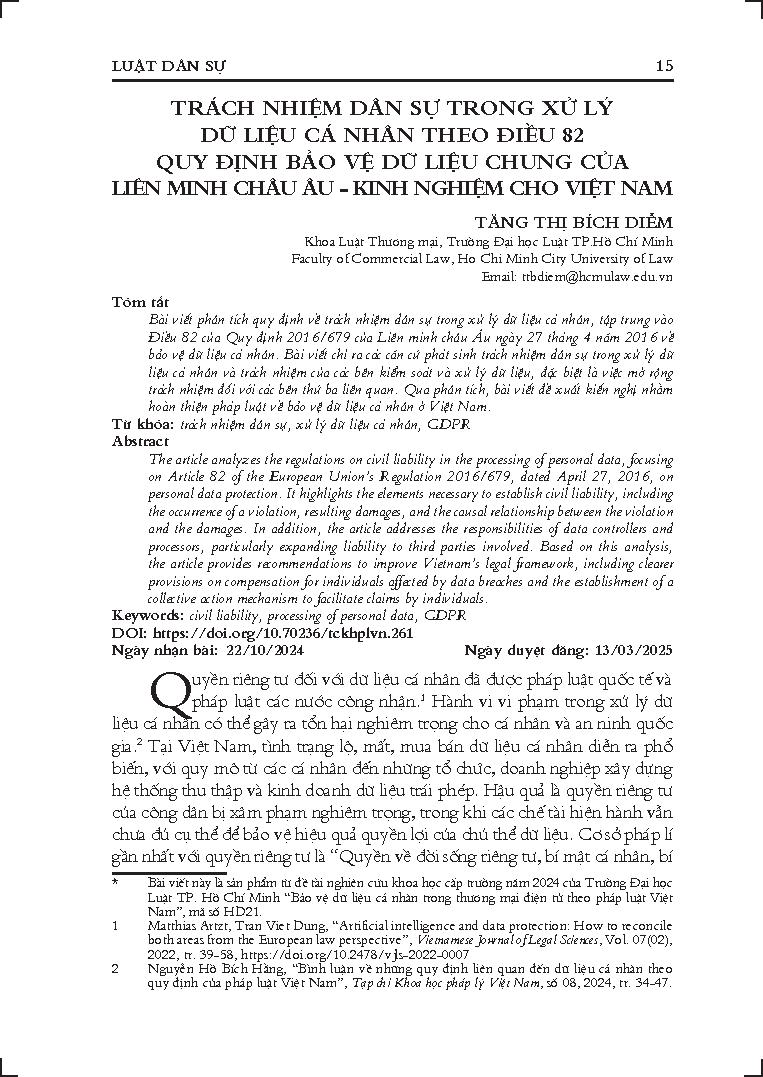 Trách nhiệm dân sự trong xử lý dữ liệu cá nhân theo Điều 82 quy định bảo vệ dữ liệu chung của Liên minh châu Âu - Kinh nghiệm cho Việt Nam