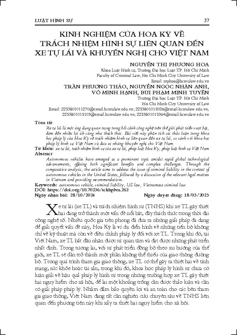 Kinh nghiệm của Hoa Kỳ về trách nhiệm hình sự liên quan đến xe tự lái và khuyến nghị cho Việt Nam