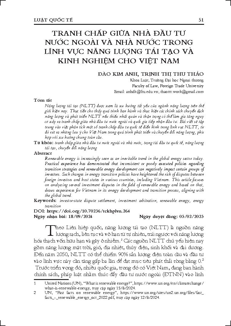 Tranh chấp giữa nhà đầu tư nước ngoài và Nhà nước trong lĩnh vực năng lượng tái tạo và kinh nghiệm cho Việt Nam