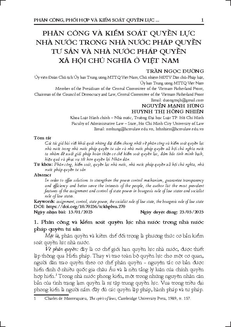 Phân công và kiểm soát quyền lực nhà nước trong nhà nước pháp quyền tư sản và nhà nước pháp quyền xã hội chủ nghĩa ở Việt Nam