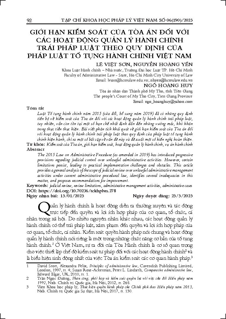 Giới hạn kiểm soát của Toà án đối với các hoạt động quản lý hành chính trái pháp luật theo quy định của pháp luật tố tụng hành chính Việt Nam