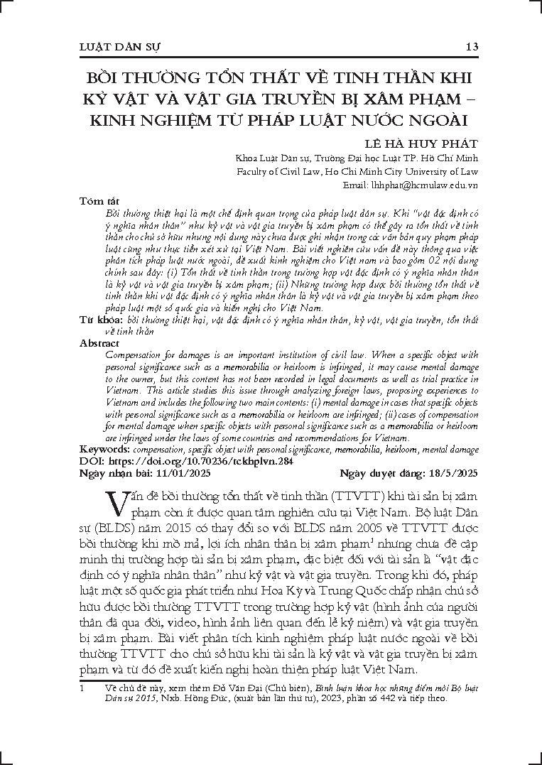 Bồi thường tổn thất về tinh thần khi kỷ vật và vật gia truyền bị xâm phạm – Kinh nghiệm từ pháp luật nước ngoài