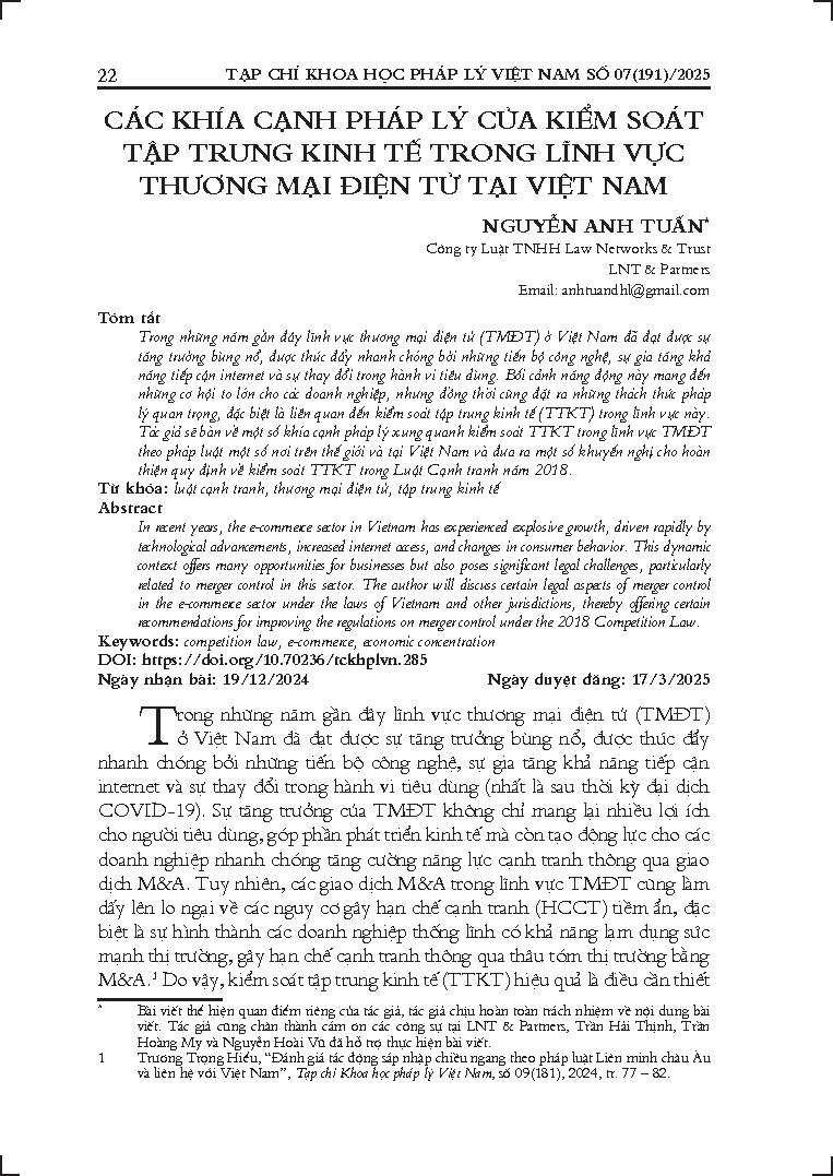 Các khía cạnh pháp lý của kiểm soát tập trung kinh tế trong lĩnh vực thương mại điện tử tại Việt Nam