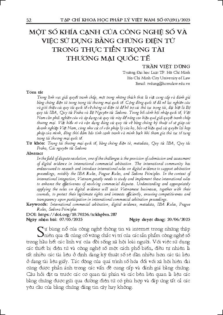 Một số khía cạnh của công nghệ số và việc sử dụng bằng chứng điện tử trong thực tiễn trọng tài thương mại quốc tế