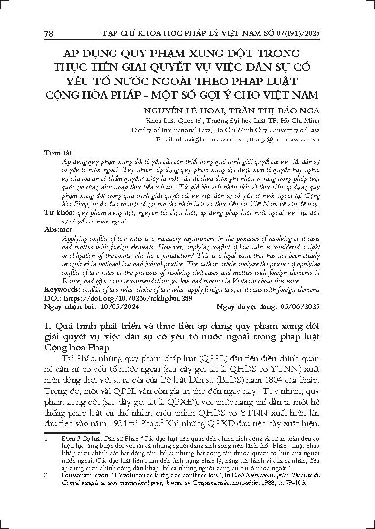 Áp dụng quy phạm xung đột trong thực tiễn giải quyết vụ việc dân sự có yếu tố nước ngoài theo pháp luật Cộng hòa Pháp - Một số gợi ý cho Việt Nam