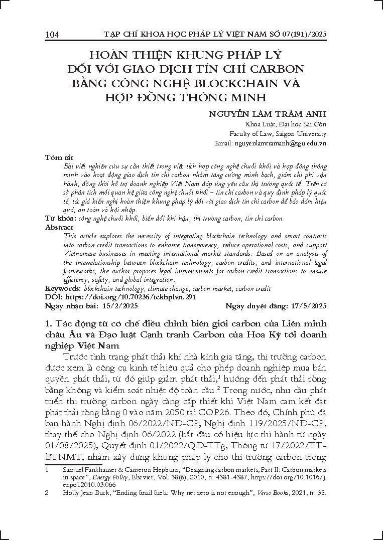 Hoàn thiện khung pháp lý đối với giao dịch tín chỉ Các-bon bằng công nghệ Blockchain và hợp đồng thông minh