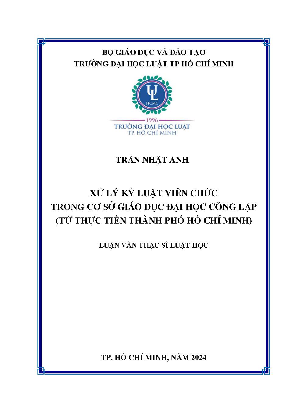 Xử lý kỷ luật viên chức trong cơ sở giáo dục Đại học công lập (Từ thực tiễn Thành phố Hồ Chí Minh)