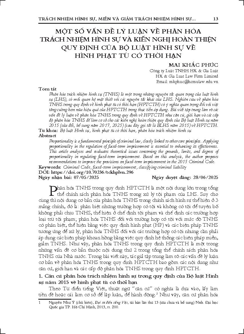 Một số vấn đề lý luận về phân hóa trách nhiệm hình sự và kiến nghị hoàn thiện quy định của Bộ luật Hình sự về hình phạt tù có thời hạn