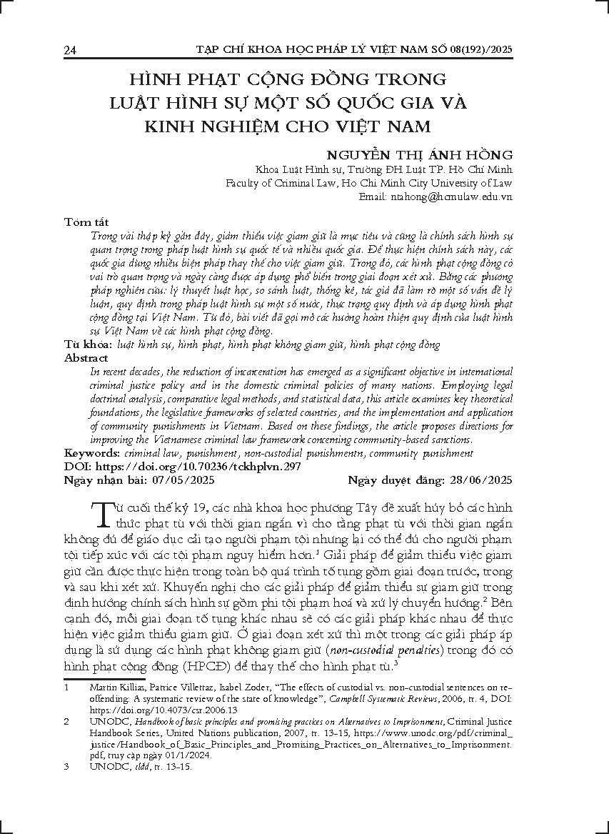 Hình phạt cộng đồng trong luật hình sự một số quốc gia và kinh nghiệm cho Việt Nam