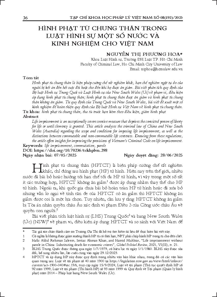 Hình phạt tù chung thân trong luật hình sự một số nước và kinh nghiệm cho Việt Nam