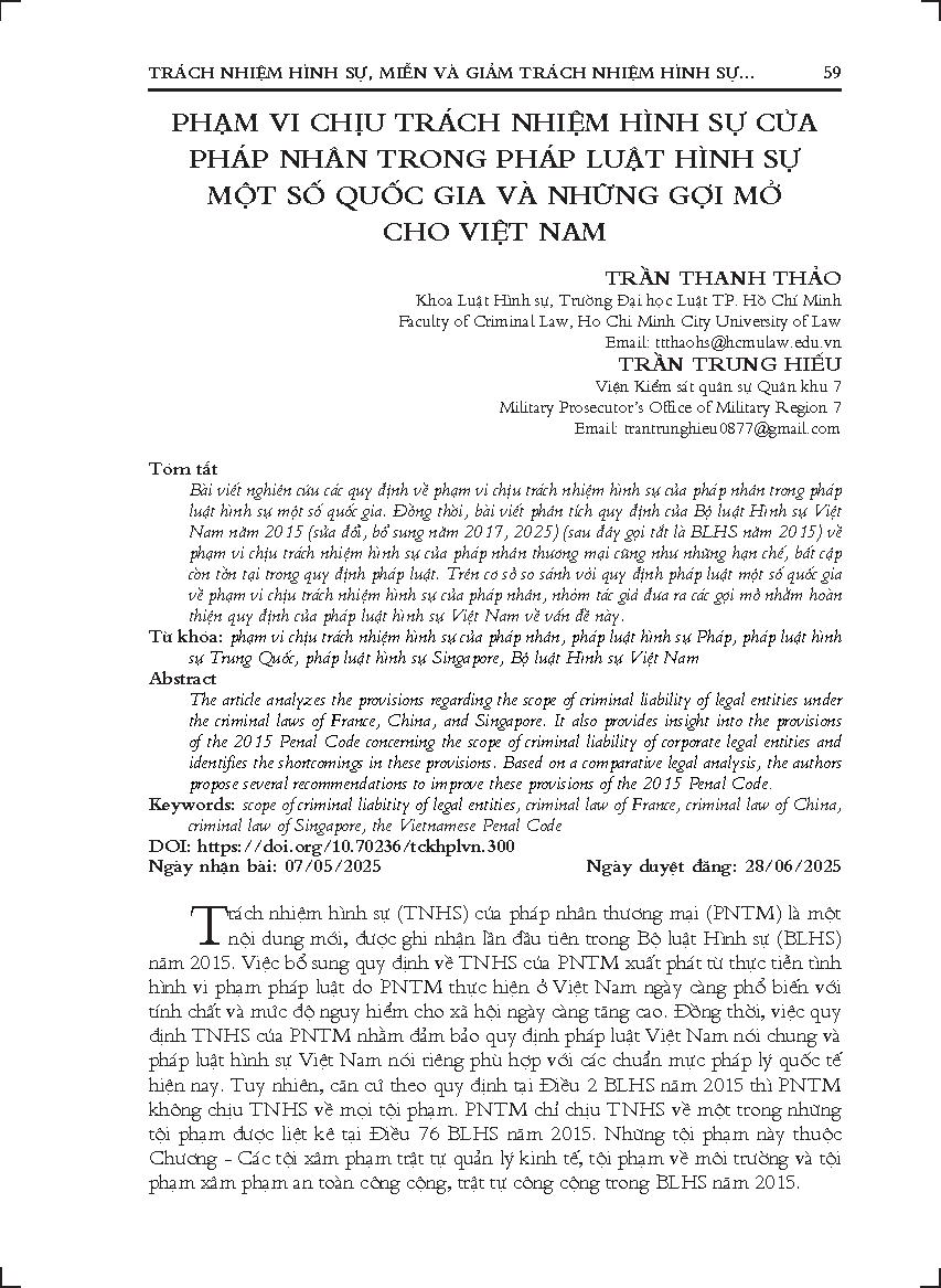Phạm vi chịu trách nhiệm hình sự của pháp nhân trong pháp luật hình sự một số quốc gia và những gợi mở cho Việt Nam