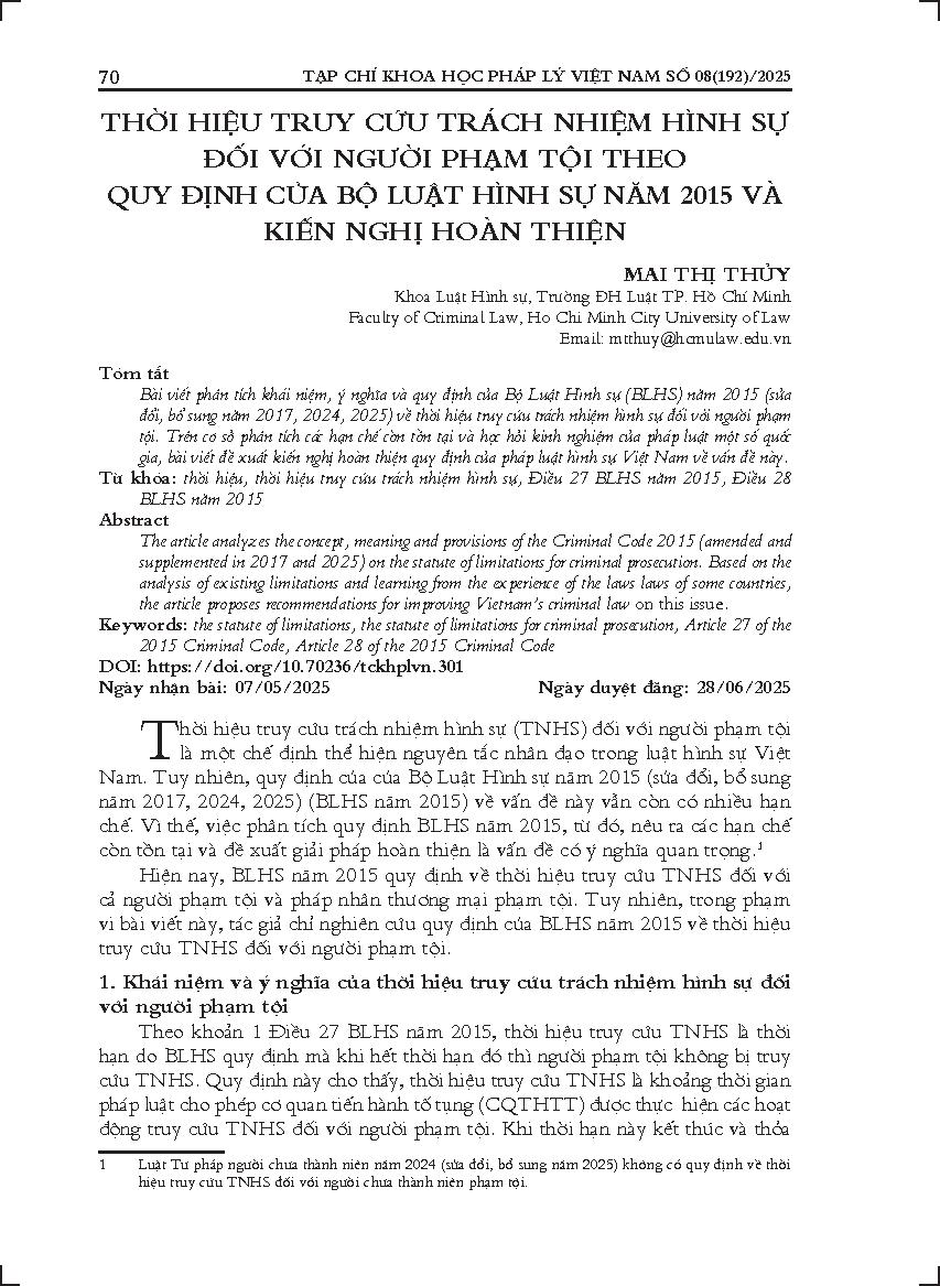 Thời hiệu truy cứu trách nhiệm hình sự đối với người phạm tội theo quy định của Bộ luật Hình sự năm 2015 và kiến nghị hoàn thiện