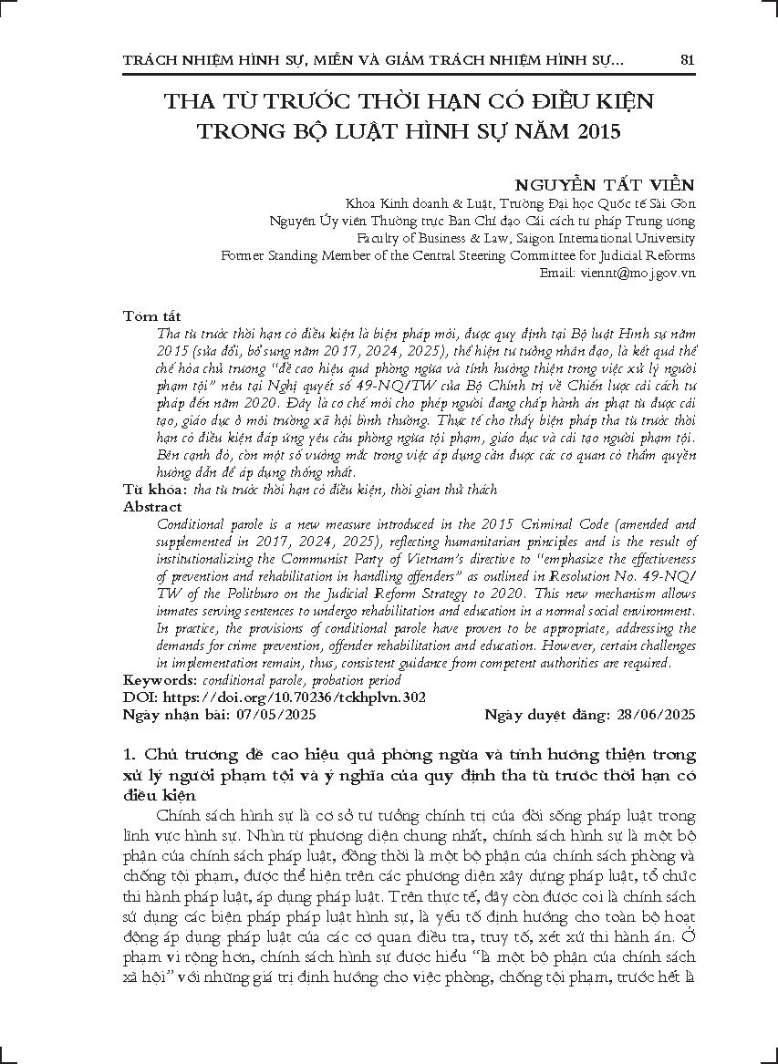 ha tù trước thời hạn có điều kiện trong Bộ luật Hình sự năm 2015