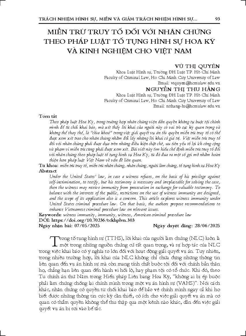 Miễn trừ truy tố đối với những chứng theo pháp luật tố tụng hình sự Hoa Kỳ và kinh nghiệm cho Việt Nam