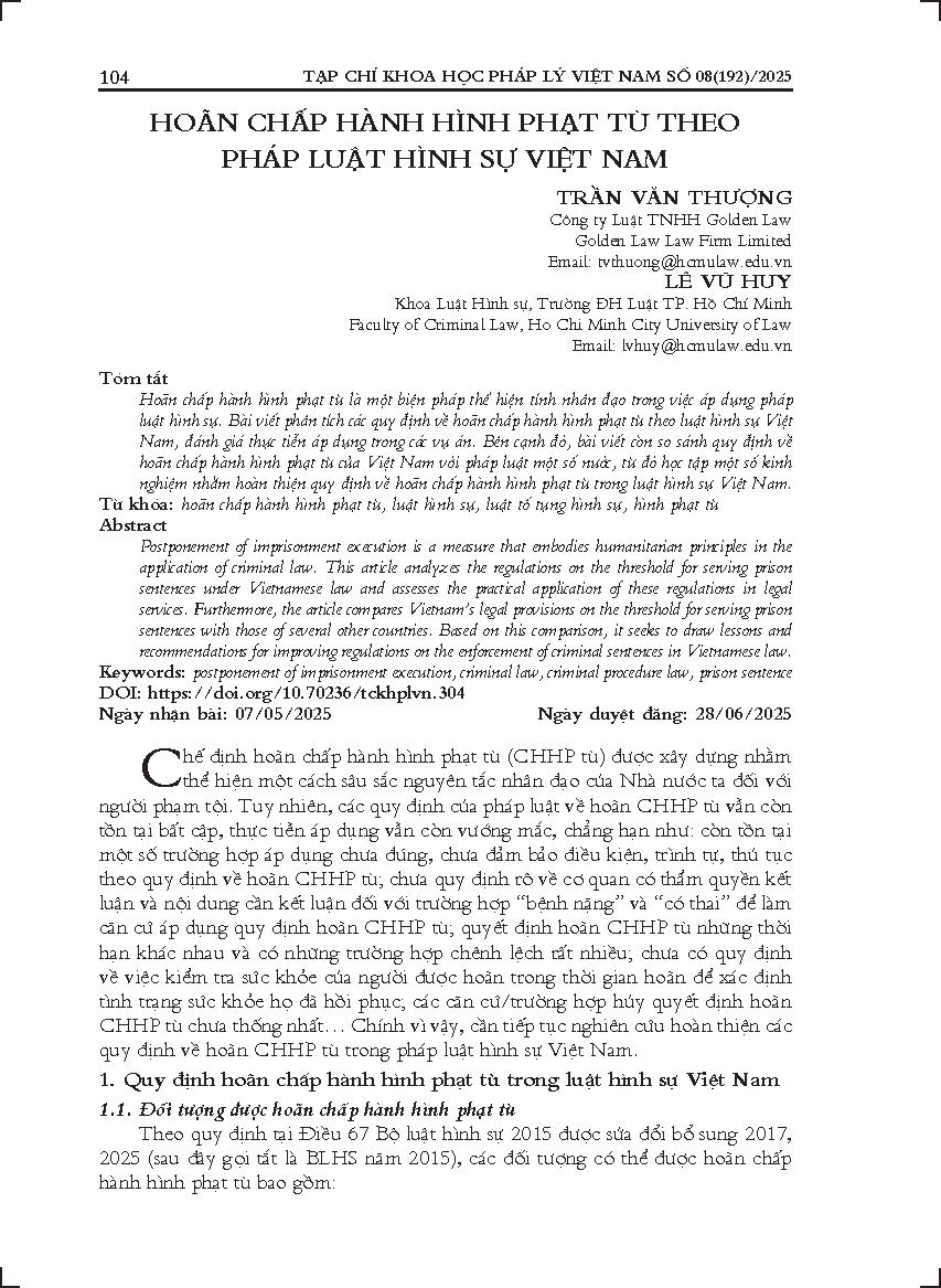 Hoàn chấp hành hình phạt tù theo pháp luật hình sự Việt Nam