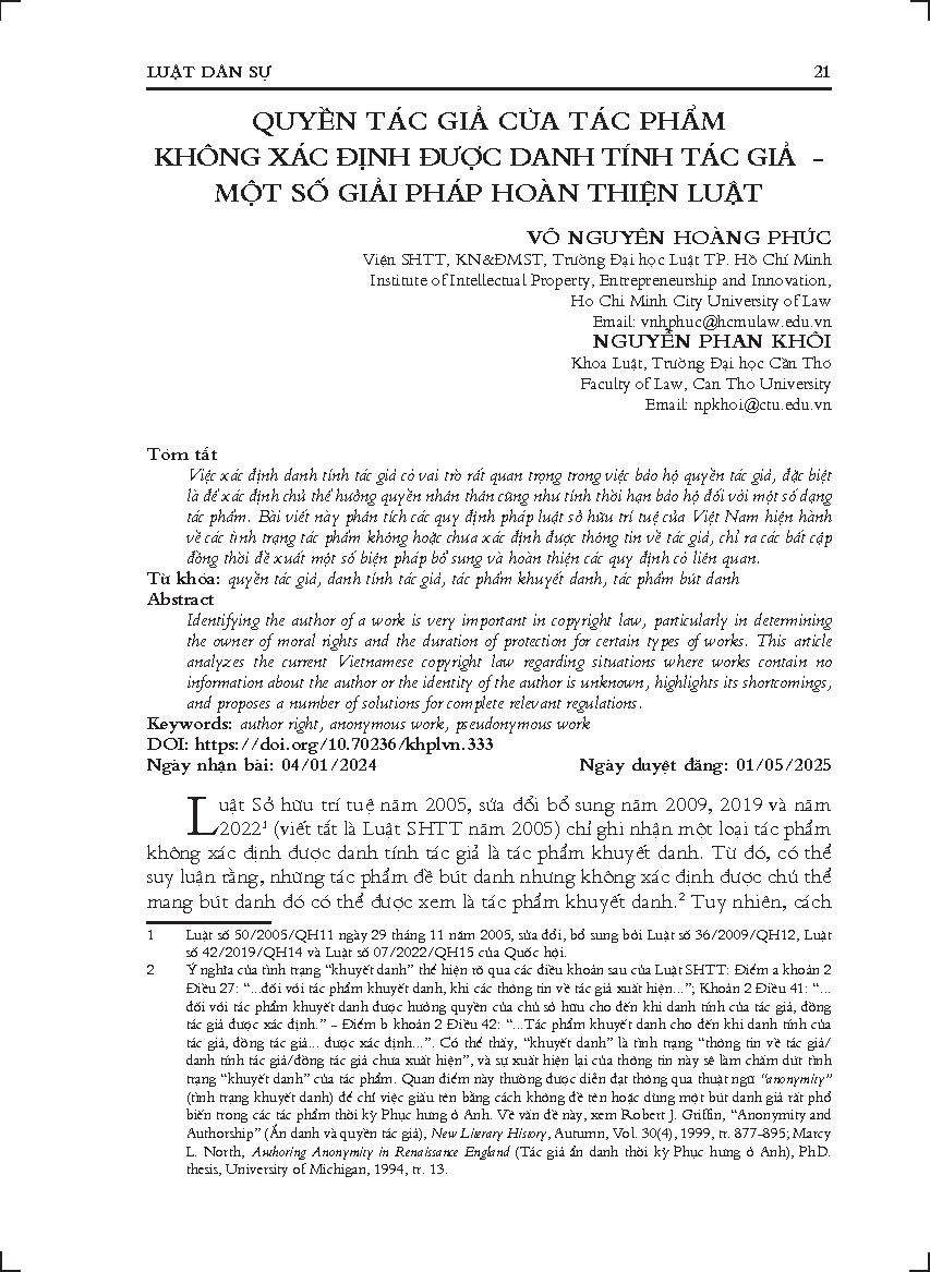 Quyền tác giả của tác phẩm không xác định được danh tính tác giả - Một số giải pháp hoàn thiện luật