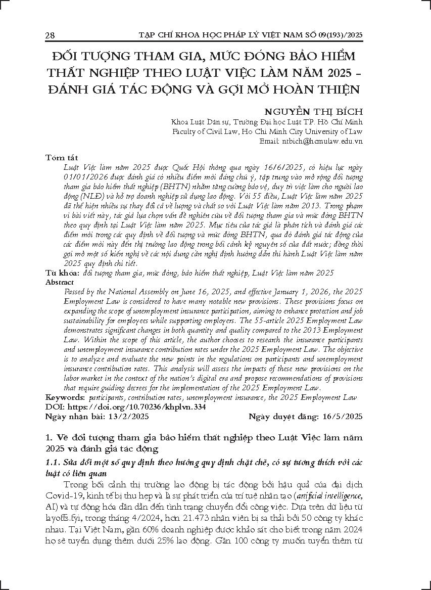 Đối tượng tham gia, mức đóng bảo hiểm thất nghiệp theo Luật Việc làm năm 2025 - Đánh giá tác động và gợi mở hoàn thiện