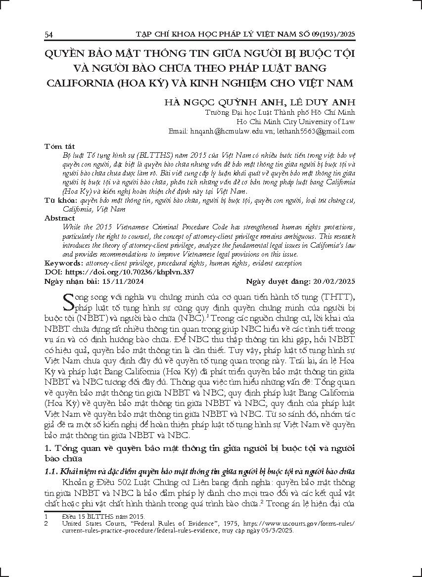 Quyền bảo mật thông tin giữa người bị buộc tội và người bào chữa theo pháp luật bang California (Hoa Kỳ) và kinh nghiệm cho Việt Nam