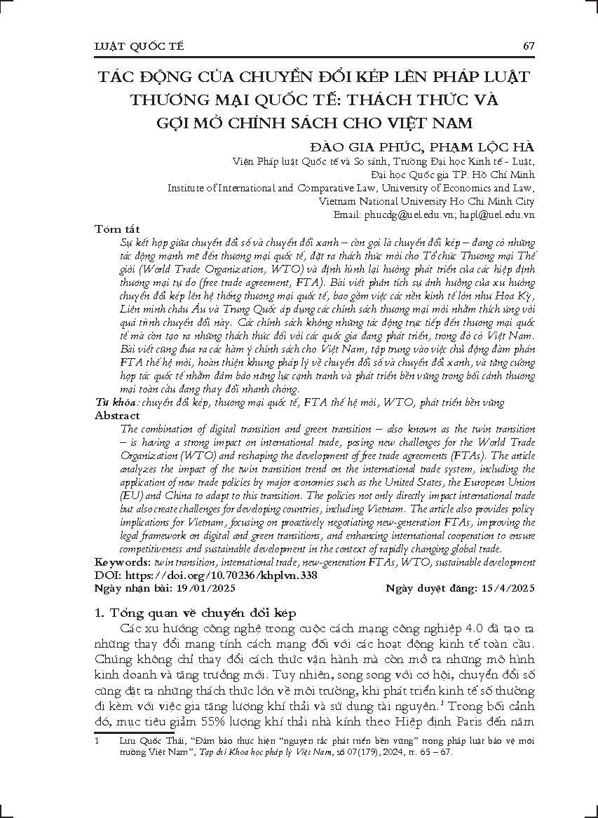 Tác động của chuyển đổi kép lên pháp luật thương mại quốc tế: Thách thức và gợi mở chính sách cho Việt Nam