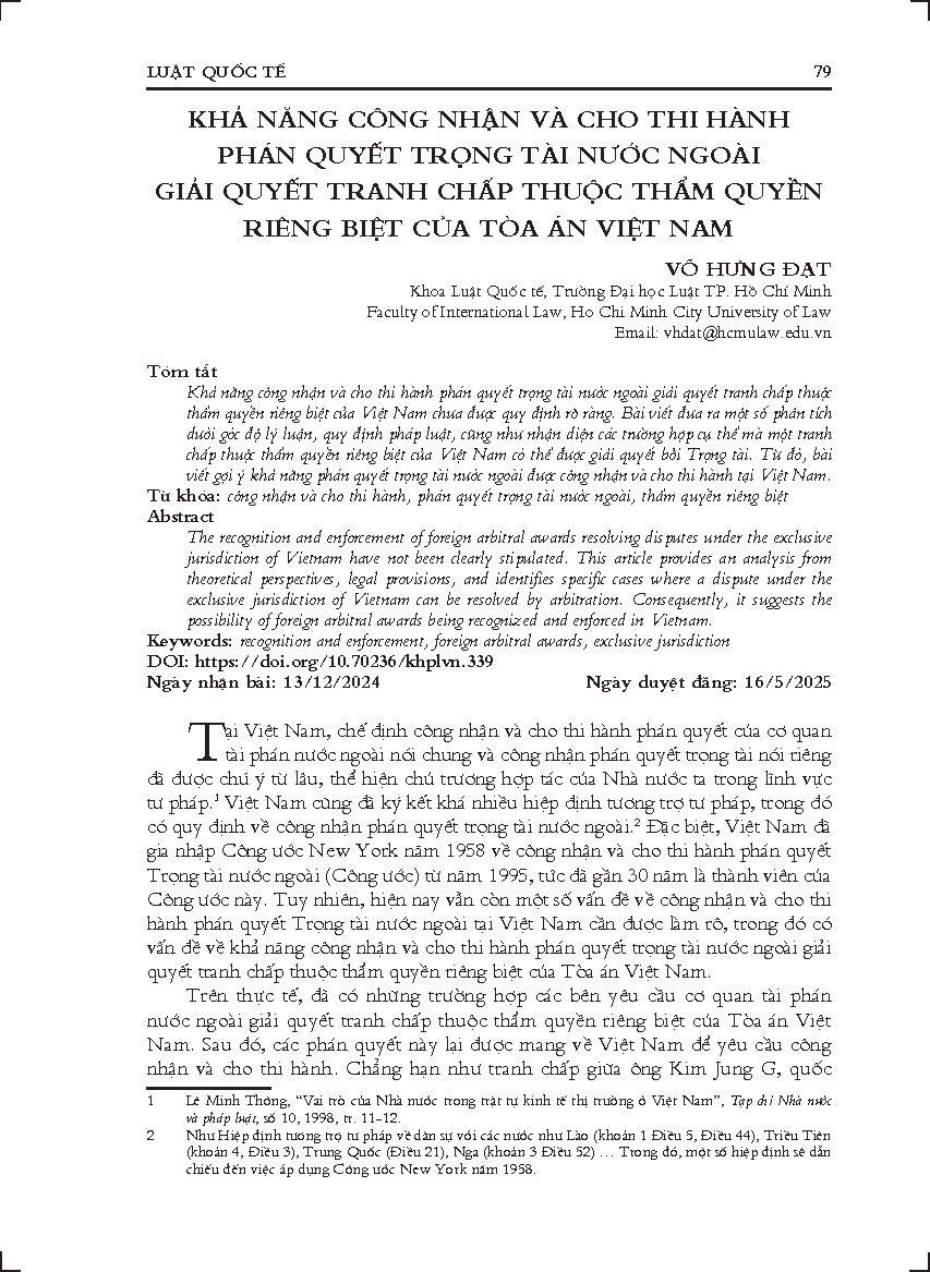 hả năng công nhận và cho thi hành phán quyết trọng tài nước ngoài giải quyết tranh chấp thuộc thẩm quyền riêng biệt của Tòa án Việt Nam
