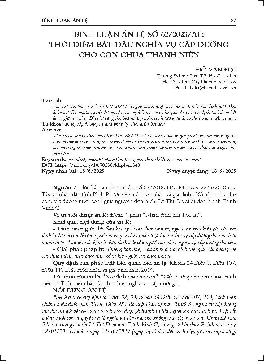 Bình luận Án lệ số 62/2023/AL: Thời điểm bắt đầu nghĩa vụ cấp dưỡng cho con chưa thành niên
