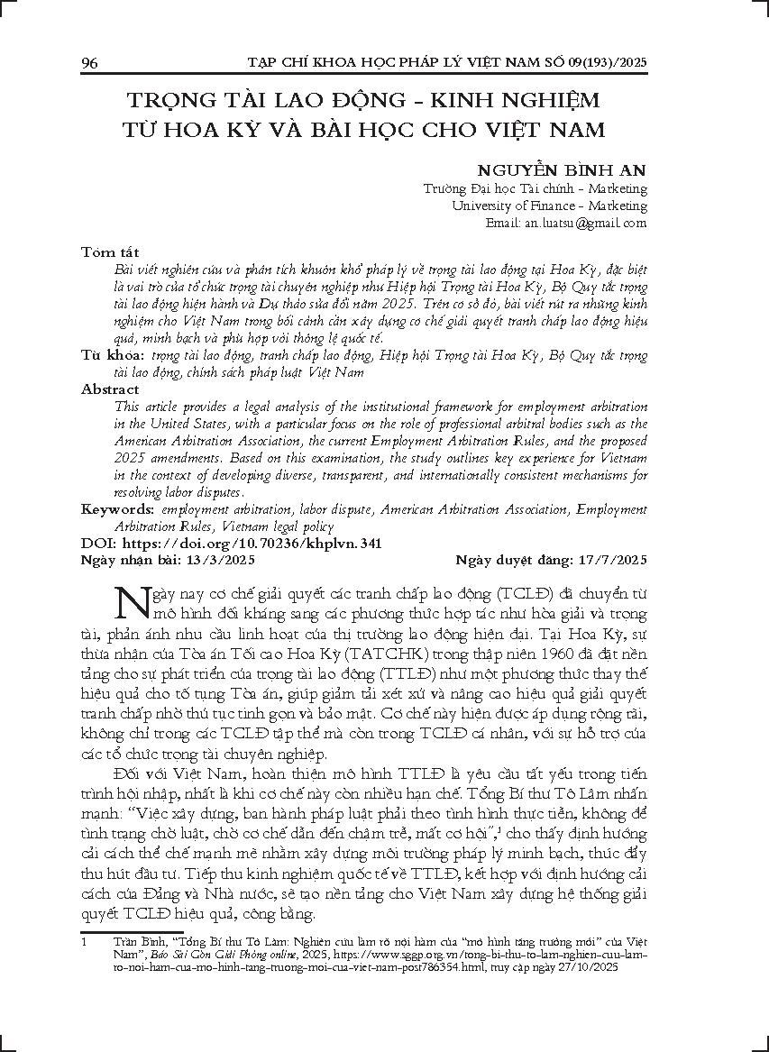 Trọng tài lao động - Kinh nghiệm từ Hoa Kỳ và bài học cho Việt Nam