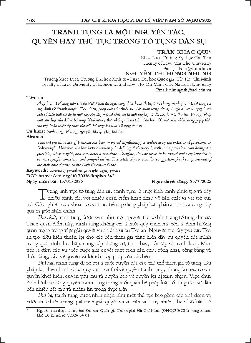Tranh tụng là một nguyên tắc, quyền hay thủ tục trong tố tụng dân sự