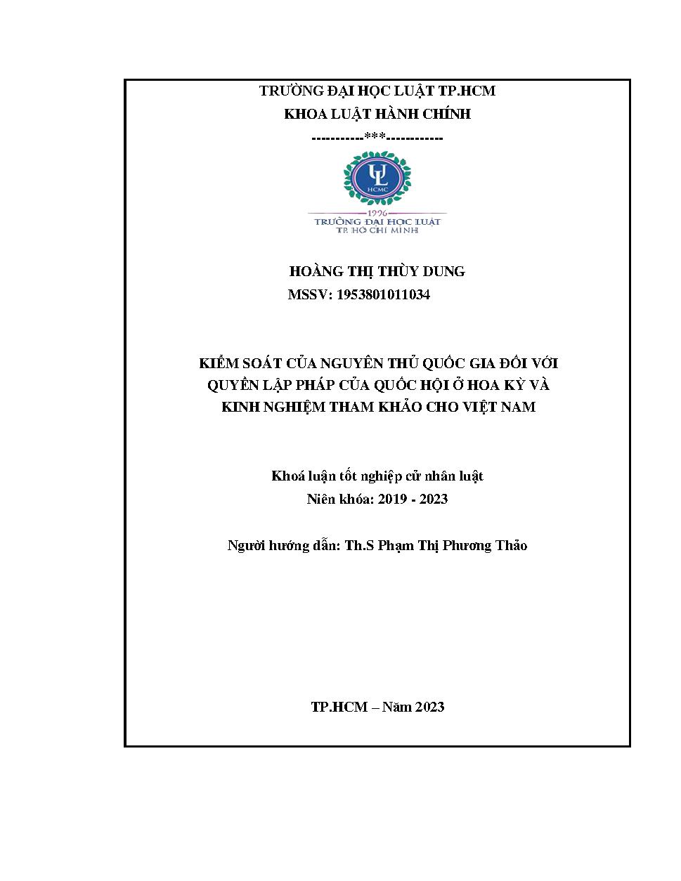 Kiểm soát của nguyên thủ quốc gia đối với quyền lập pháp của Quốc hội ở Hoa Kỳ và kinh nghiệm tham khảo cho Việt Nam