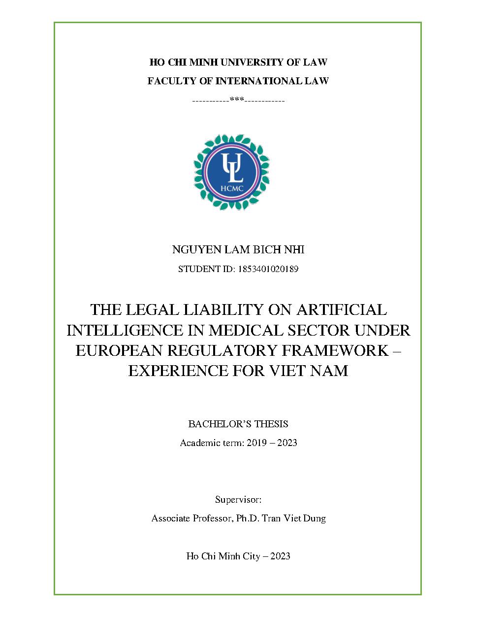 The legal liability on artificial intelligence in medical sector under european regulatory framework - Experience for Vietnam