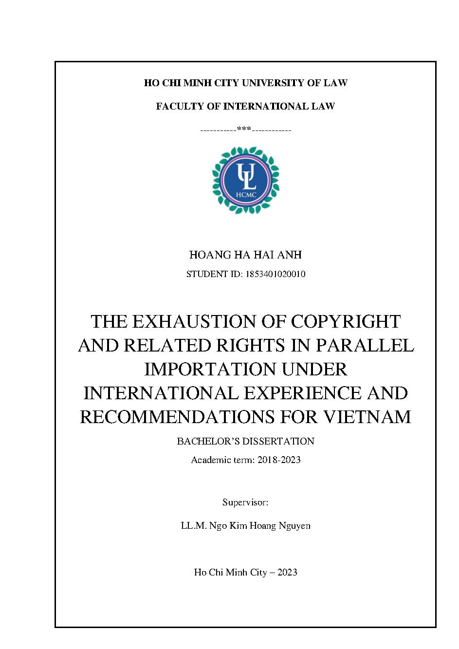 The exhaustion of copyright and related rights in parallel importation under international experience and recommendations for Vietnam