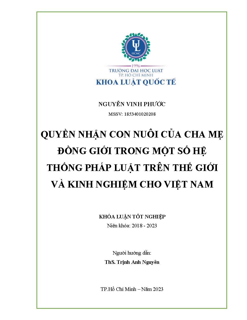Quyền nhận con nuôi của cha mẹ đồng giới trong một số hệ thống pháp luật trên thế giới và kinh nghiệm cho Việt Nam