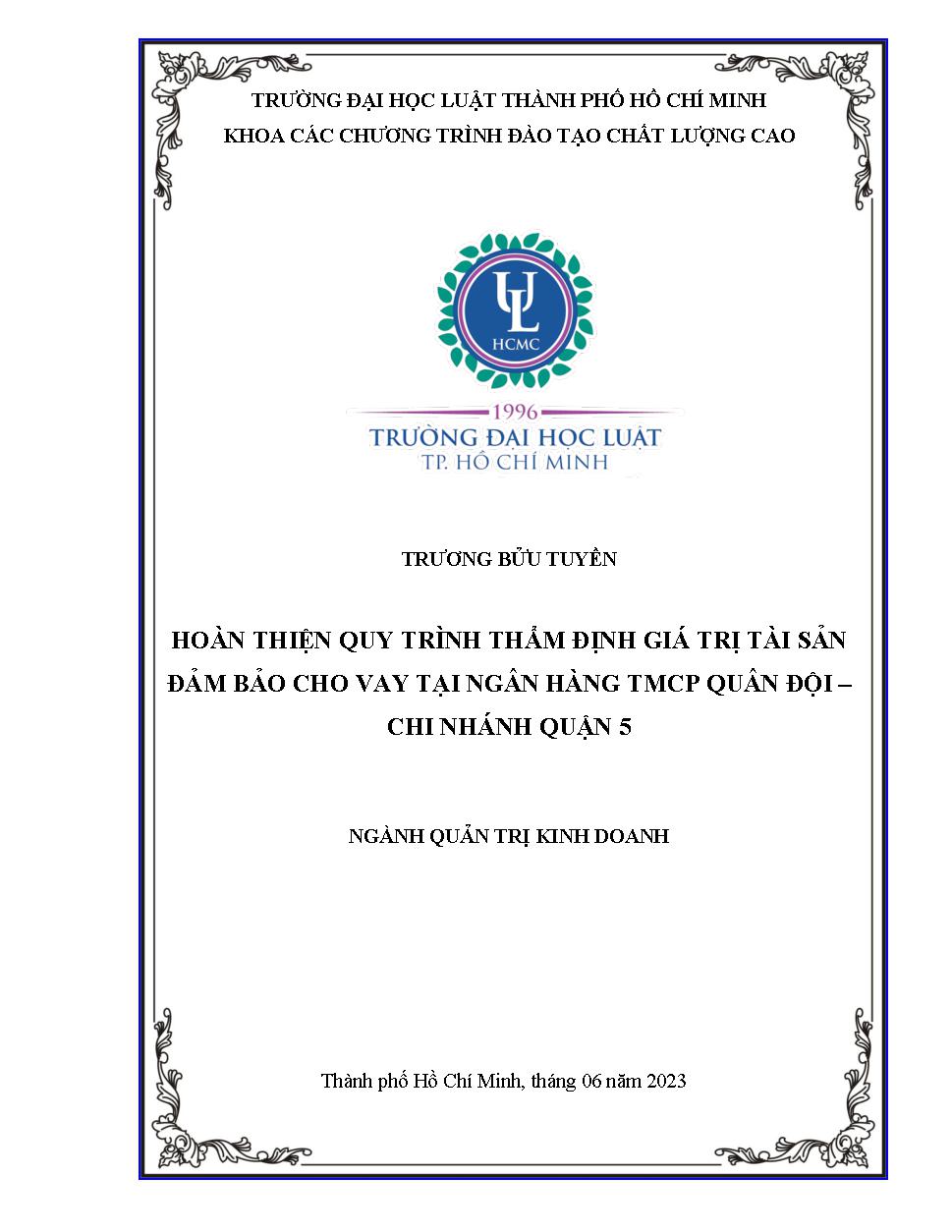 Hoàn thiện quy trình thẩm định giá trị tài sản đảm bảo cho vay tại Ngân hàng TMCP Quân đội - Chi nhánh Quận 5
