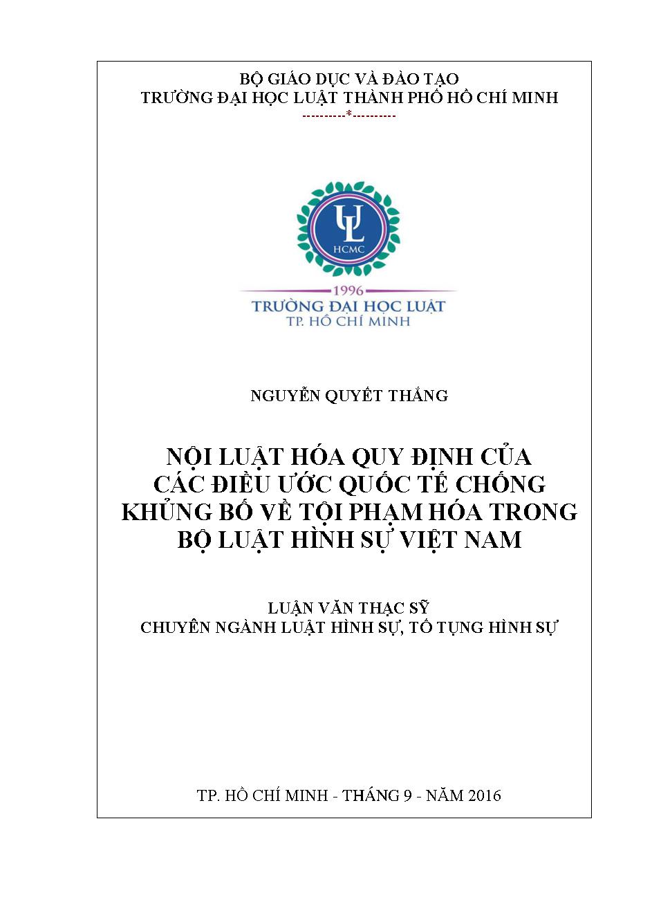 Nội luật hóa quy định của các điều ước quốc tế chống khủng bố về tội phạm hóa trong bộ luật hình sự Việt Nam